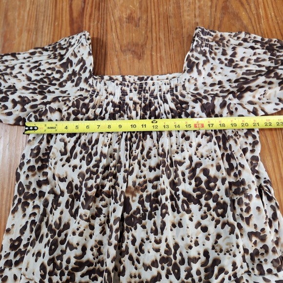 Ice Leopard Print 3/4 Sleeve Blouse XL Smocked Pleated Belt Y2K‎ 90s Milkmaid - Picture 10 of 11